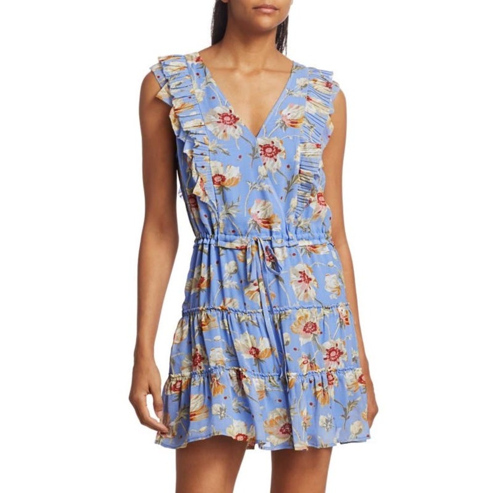Paige Barbarella Silk Blue Floral Ruffle Cap Sleeve Mini Dress Women's Small